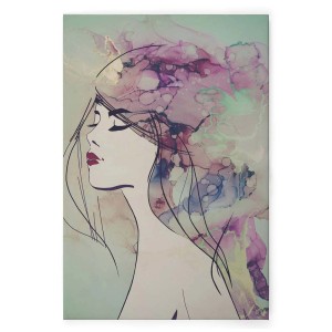 Leinwandbild mit Aquarell-Motiv einer Frau mit Hut in Lila- und Pastelltönen. Wanddeko für Mädchenzimmer.