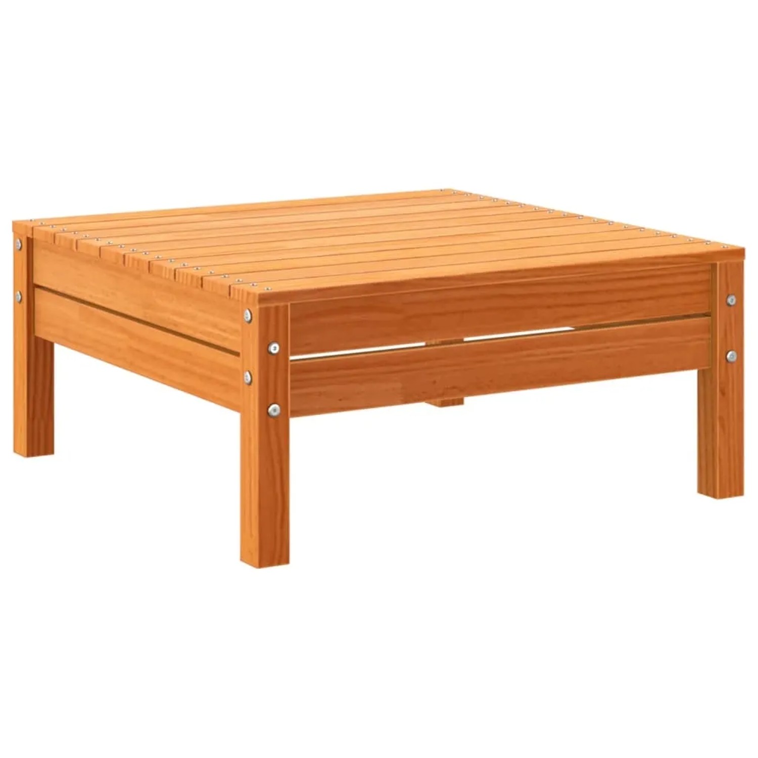 Quadratischer Hocker aus braunem Kiefernholz, Teil der vidaXL Garten-Sofagarnitur.