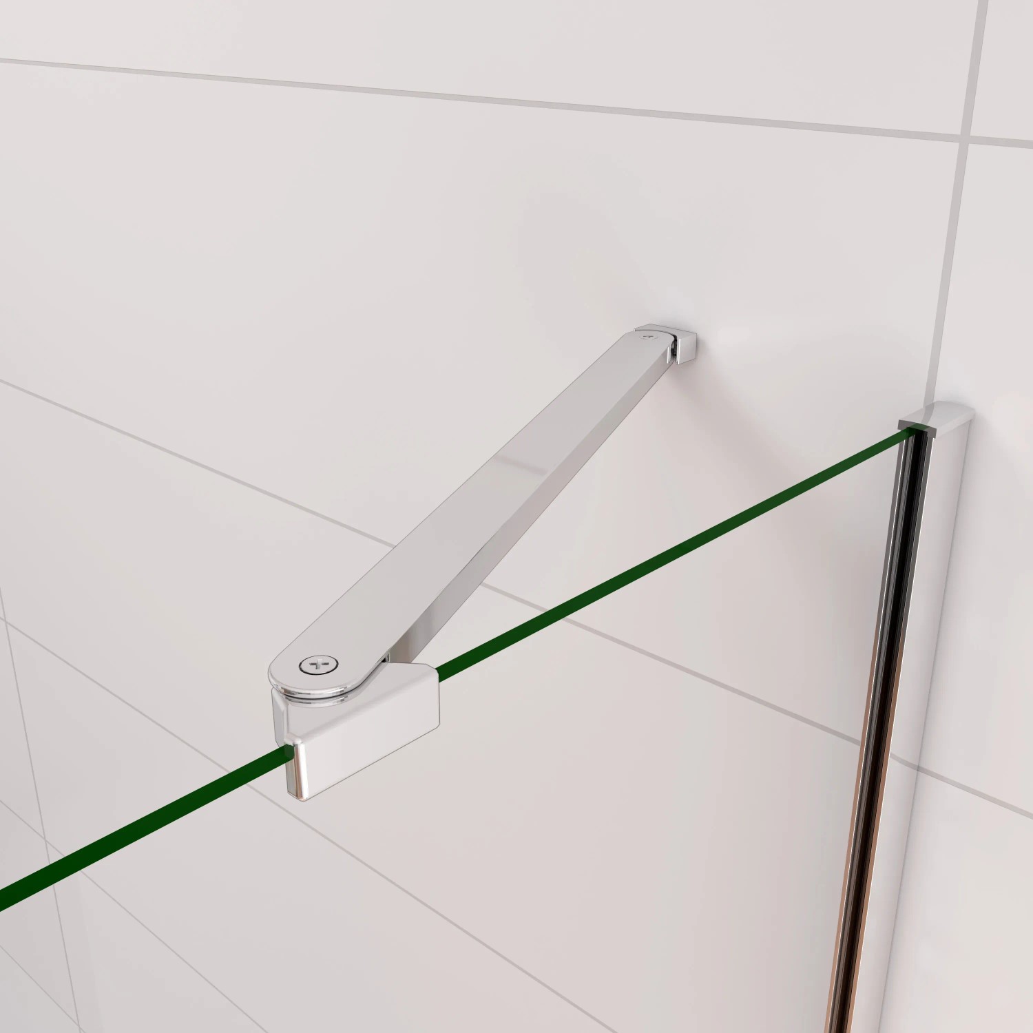 Detailaufnahme: AICA Badewannenaufsatz mit chromfarbenem Rahmen und transparentem Glas.