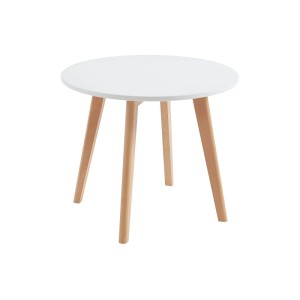 Runder Esstisch Louloune, weiß mit hellen Buchenholzbeinen, 60 cm Durchmesser, skandinavisches Design.