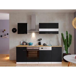 Respekta Küchenzeile KB220WS, 220 cm, Schwarz-Weiß mit E-Geräten wie Herd, Spüle und Geschirrspüler.