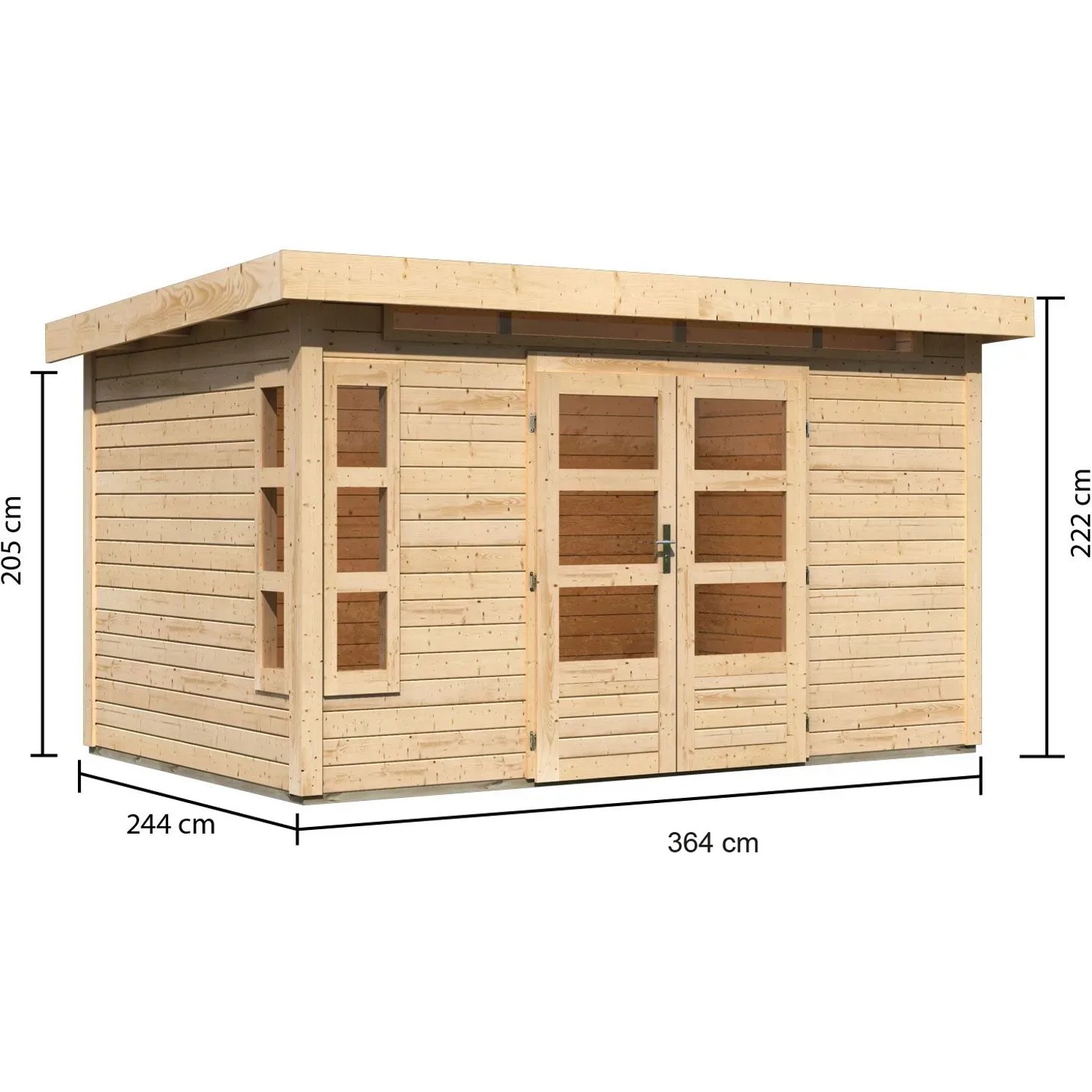 Naturbelassenes Karibu Holz-Gartenhaus Kastberg mit Flachdach, 360x240 cm. Gartenhaus aus Holz mit Fenster und Doppeltür.