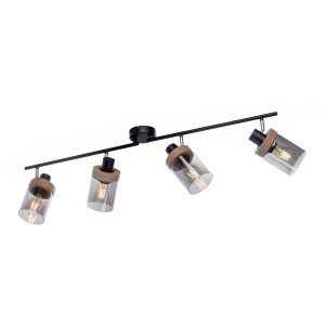 Schwarze 4-flammige Wand- und Deckenleuchte Pasqual mit Rauchglas-Schirmen und Holzdetails.