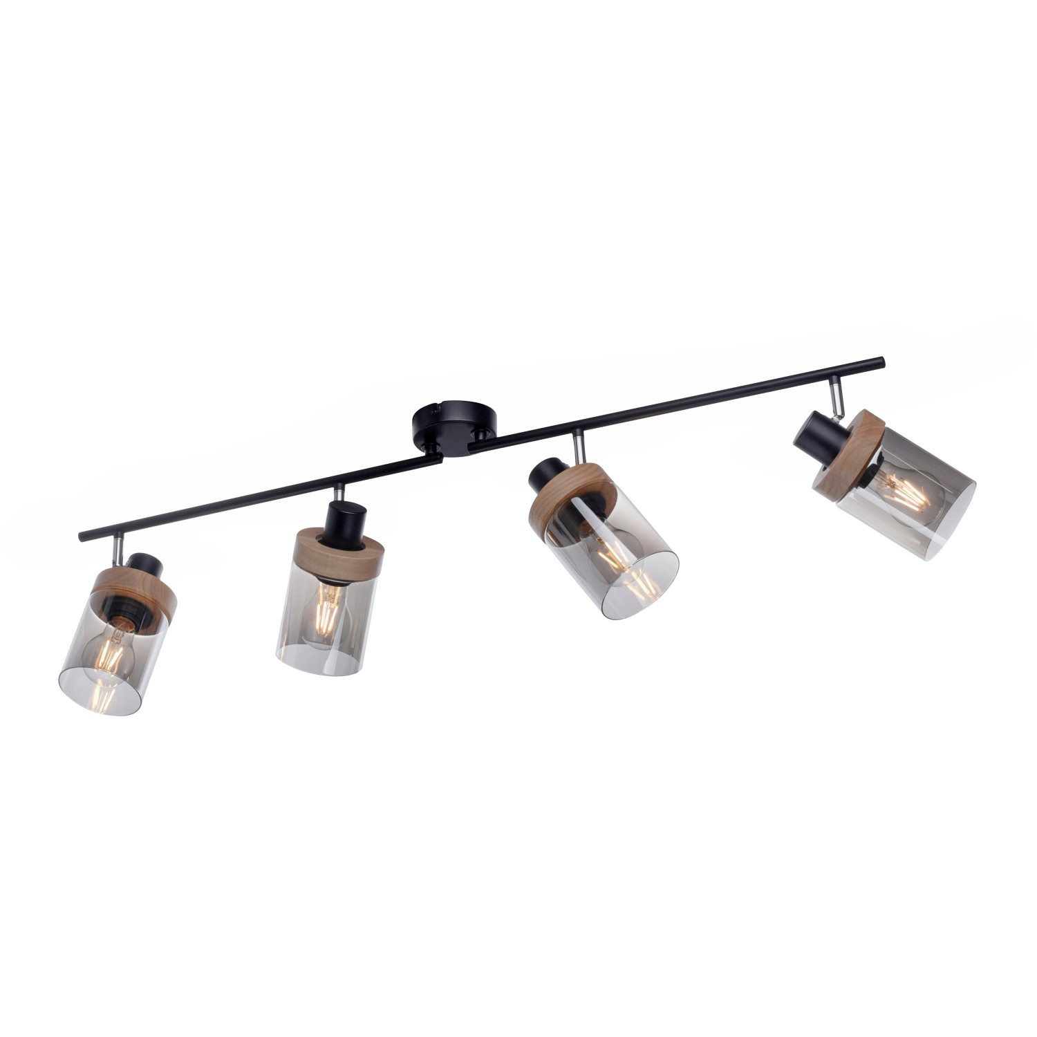 Schwarze 4-flammige Wand- und Deckenleuchte Pasqual mit Rauchglas-Schirmen und Holzdetails.