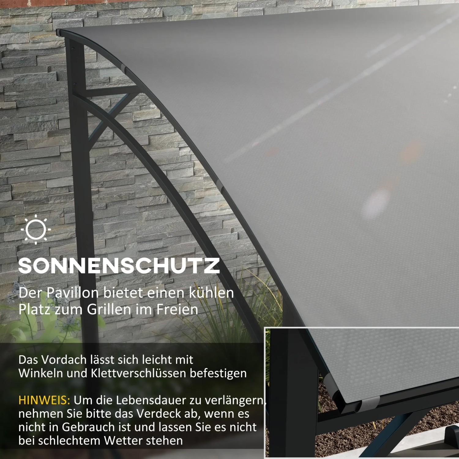 Detailansicht des dunkelgrauen Outsunny Grillpavillons mit Metallgestell und Polyesterdach.