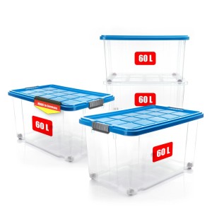 4er Set BigDean Aufbewahrungsboxen, 60L, mit azurblauen Deckeln, stapelbar und rollbar.
