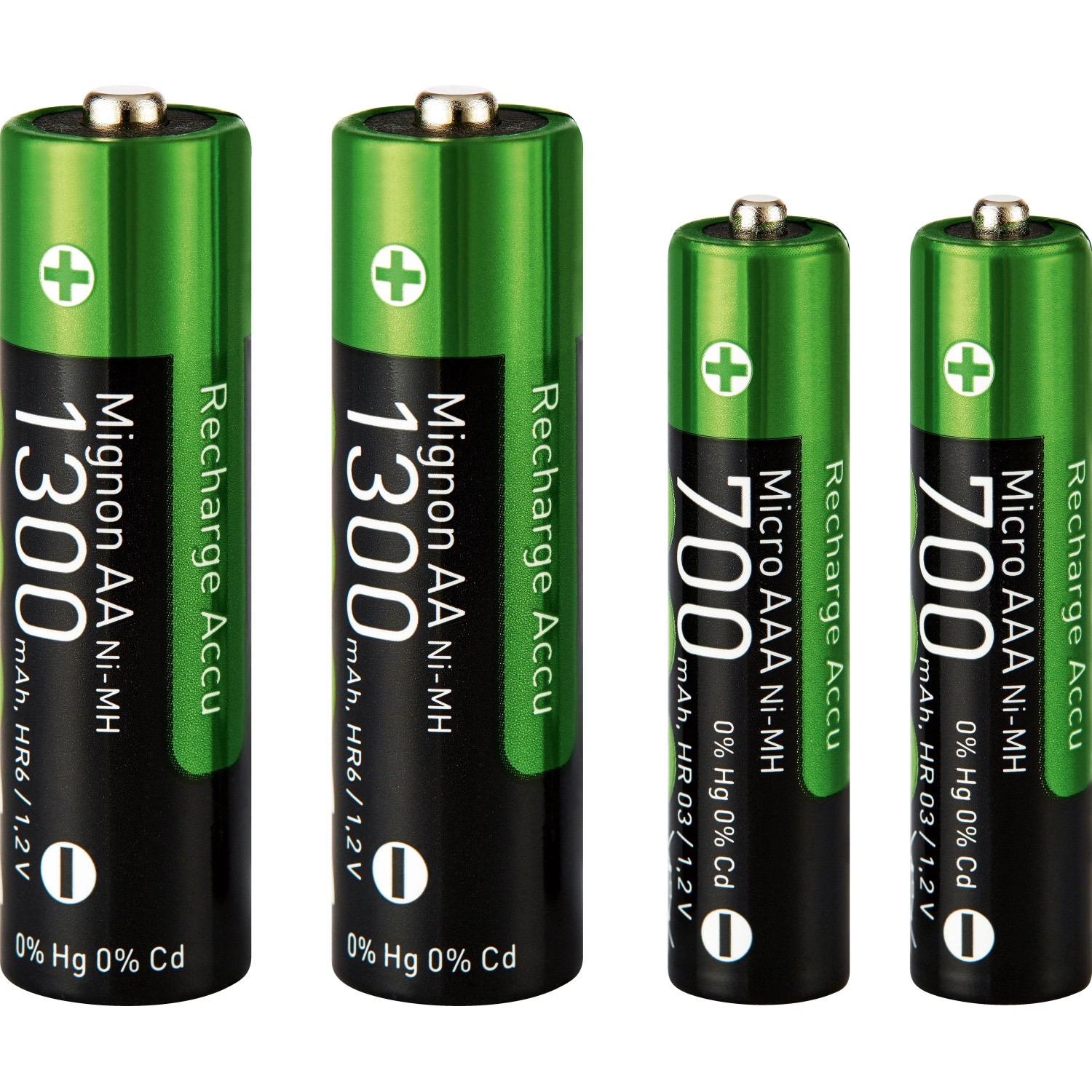 Batterie Ladegerät-Set mit 2 AA und 2 AAA Akkus, grüne NiMH Batterien.