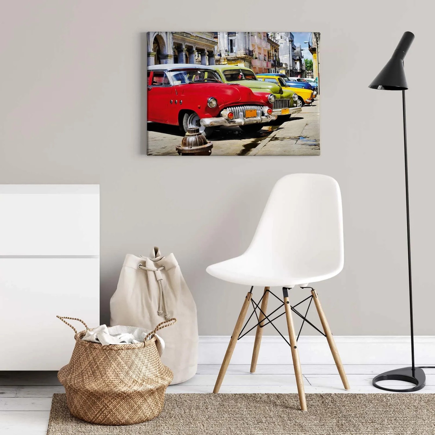 Buntes Leinwandbild mit Oldtimer-Motiv aus Kuba. Wanddeko für Wohnzimmer & Küche.