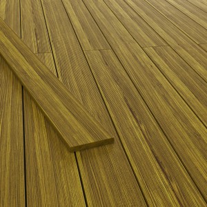 Grüne, druckimprägnierte Terrassendielen aus Nadelholz mit feiner Riffelung und glatter Oberfläche.