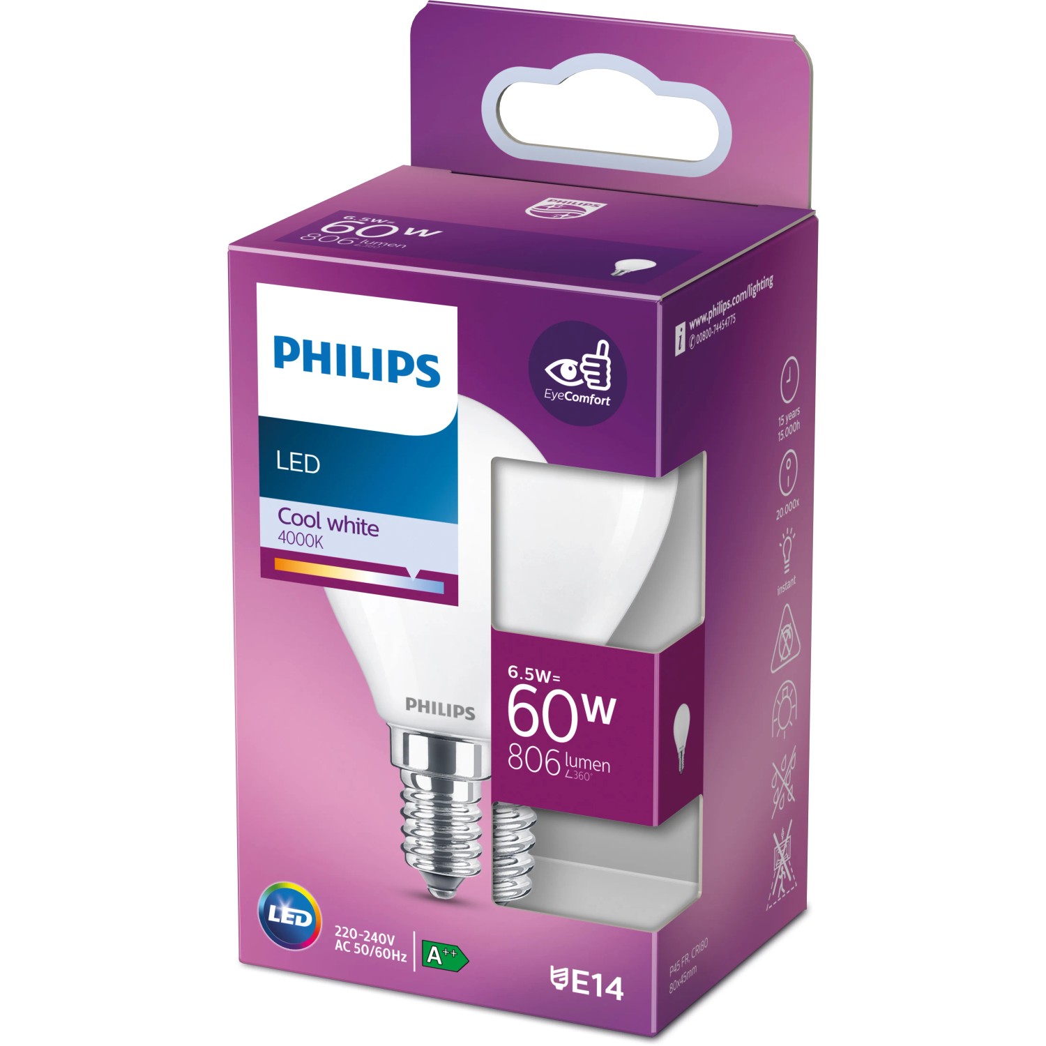 Philips LED-Lampe E14 Tropfenform, 6,5W, 806lm, 8x4,5cm, in Originalverpackung.