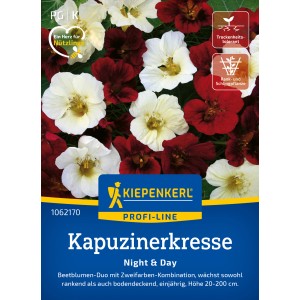 Kiepenkerl Kapuzinerkresse Night & Day, mehrfarbig: Mahagonirot und Weiß, auf der Verpackung.