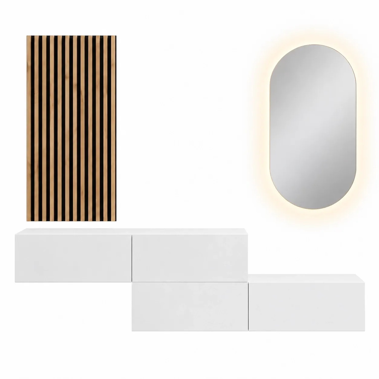Planetmöbel Flurgarderobe Set 2 x 160 cm Weiß mit Wandpaneel und LED Spiegel Dimmbar