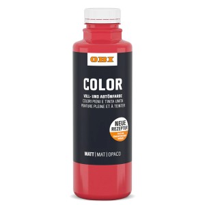 Rote OBI Color Voll- und Abtönfarbe (500ml) im Kunststoffbehälter.