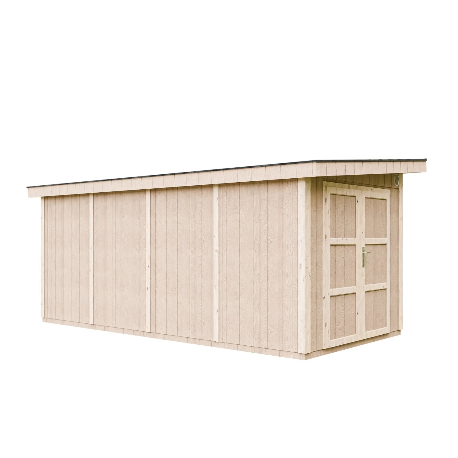 Timbela Holz-Gartenhaus M905C, grundiert, mit Flachdach. Gartenhaus mit Doppeltür.