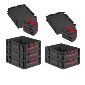 PROREGAL SuperSparSet: 5 schwarze Euroboxen mit roten Griffen und Scharnierdeckel, 11 Liter, stapelbar.