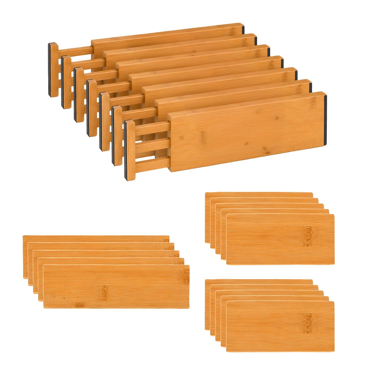 Relaxdays Schubladentrenner Set Bambus Natur Schwarz Verstellbar Rutschfest 22-teilig 6 cm x 43,5 cm bis 56,5 cm x 1,5 cm