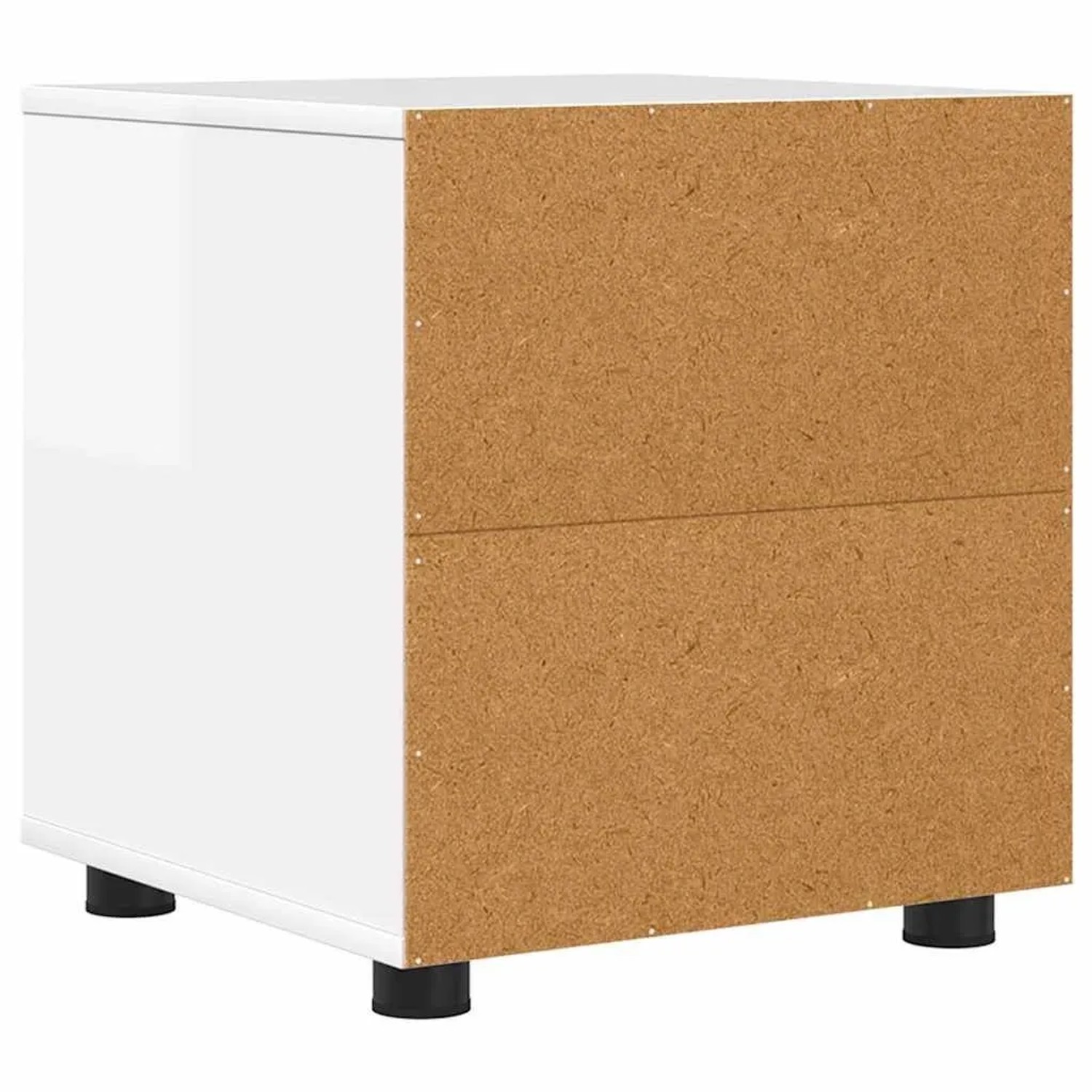 Weißer vidaXL Badezimmerschrank Hochglanz, Rückseite aus braunem Holzwerkstoff, mit schwarzen Füßen.