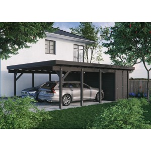 Kiehn-Holz Geräteraum für Doppelcarport KH 331, anthrazit, mit zwei geparkten Autos.