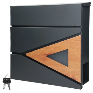 ML-Design Briefkasten aus Stahl, anthrazit mit Holzoptik und Zeitungsfach.