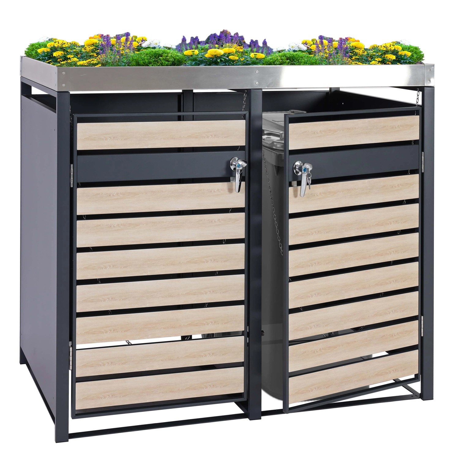 MCW Mülltonnenbox J81 für 2 Tonnen, Buche-Holzoptik, mit Pflanzkasten auf dem Deckel.