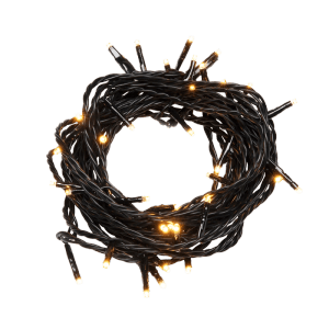 Konstsmide Außen-Lichterkette mit 40 bernsteinfarbenen LEDs auf dunkelgrünem Kabel, zusammengerollt. Für festliche Beleuchtung.
