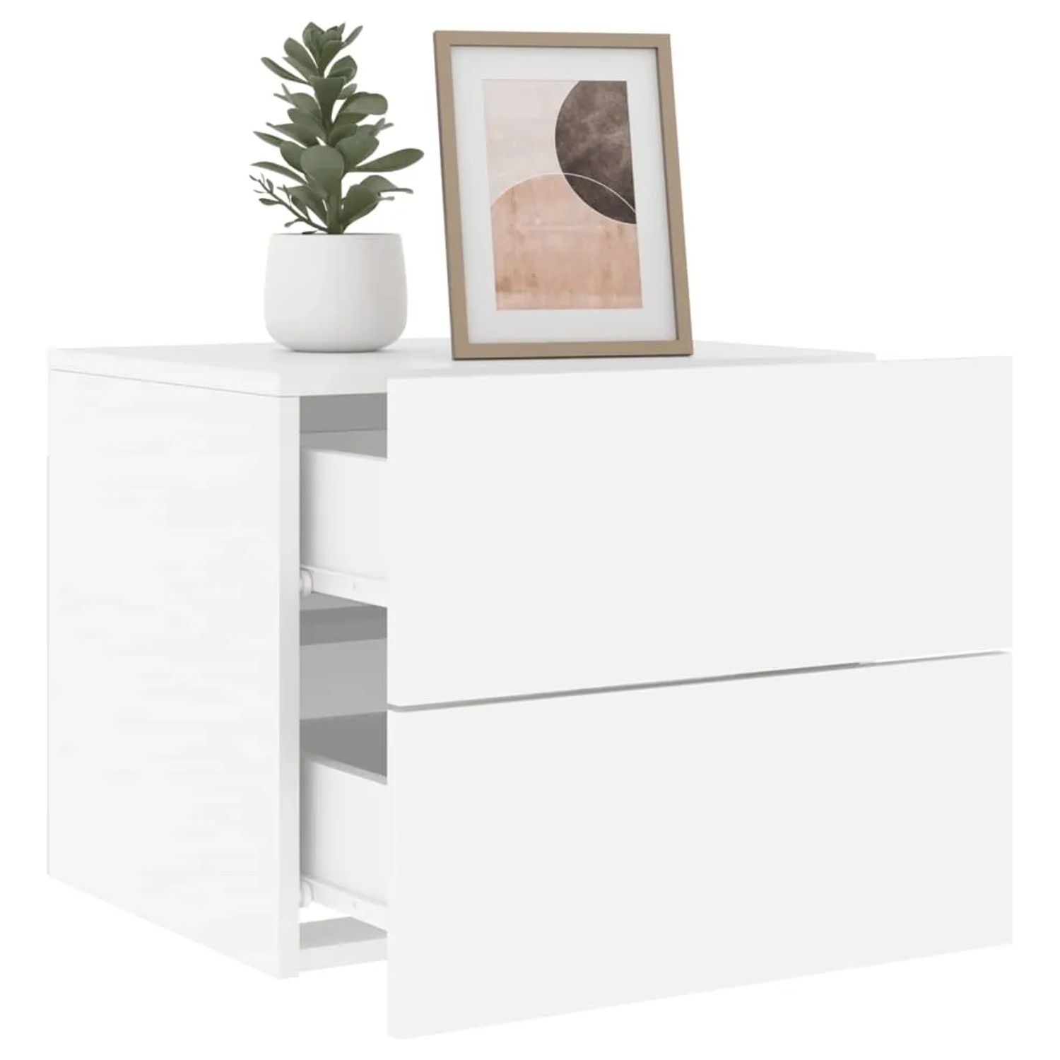 Weißer vidaXL Wand-Nachttisch mit zwei Schubladen und Dekoration.