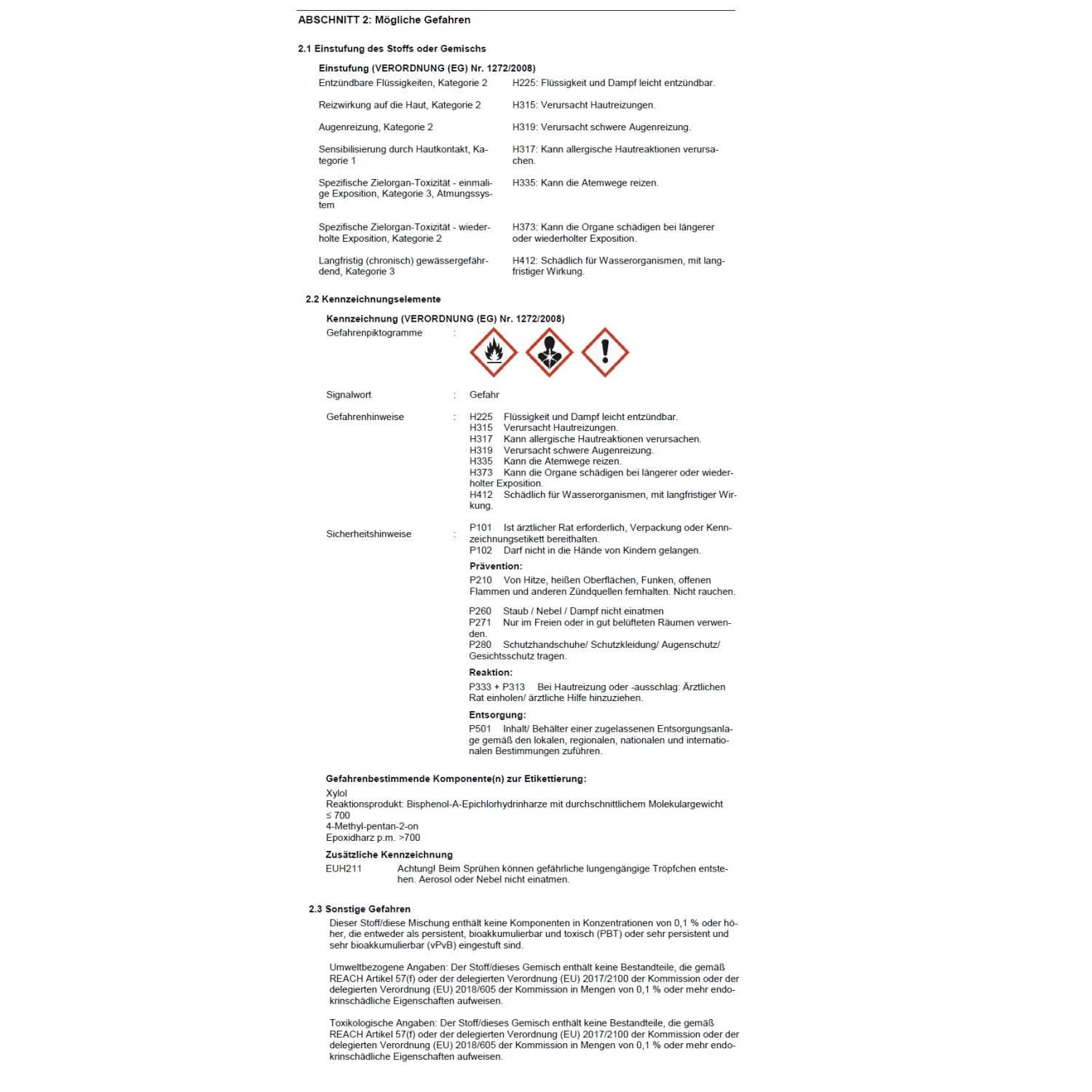 Sicherheitsdatenblatt mit Gefahrenhinweisen und Sicherheitshinweisen.