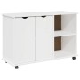 Weißer vidaXL Rollschrank aus Kiefernholz mit Türen und Regalen für Wohnzimmer.