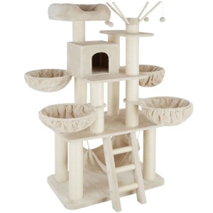 Beige-weißer Tectake Kratzbaum Gismo mit Sisal, 195 cm hoch, mit Liegemulden, Haus und Leiter.