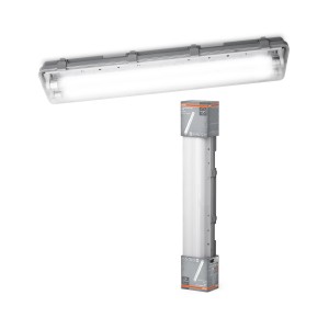 Osram LED-Feuchtraumleuchte Submarine, 2x7W, graues Gehäuse mit zwei LED-Röhren und Verpackung.