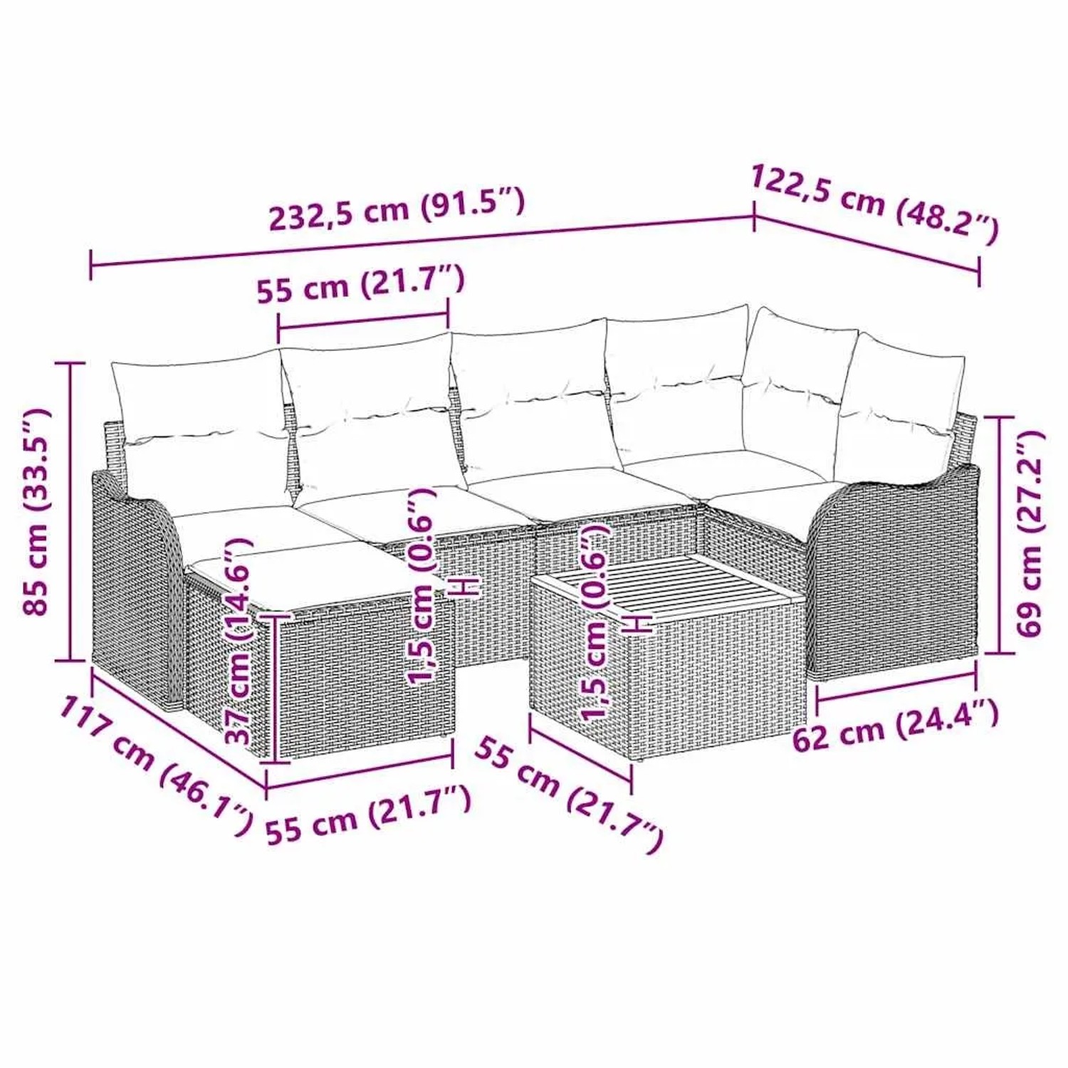 vidaXL Gartenmöbel-Set, 7-teilig, schwarz-weiß, mit Maßen. Ideal für Terrasse und Garten.