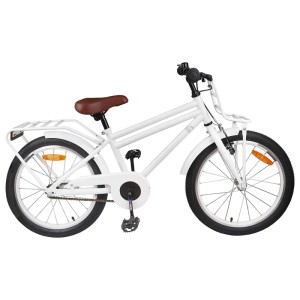 Weißes vidaXL Kinderfahrrad 20 Zoll für 6-11 Jahre mit braunem Sattel, Schutzblechen, Gepäckträger und Klingel.