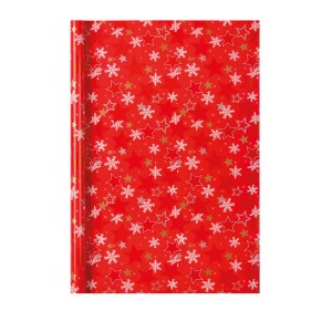 Geschenkpapierrolle mit Sternen und Schneeflocken auf rotem Grund, 70x200cm.