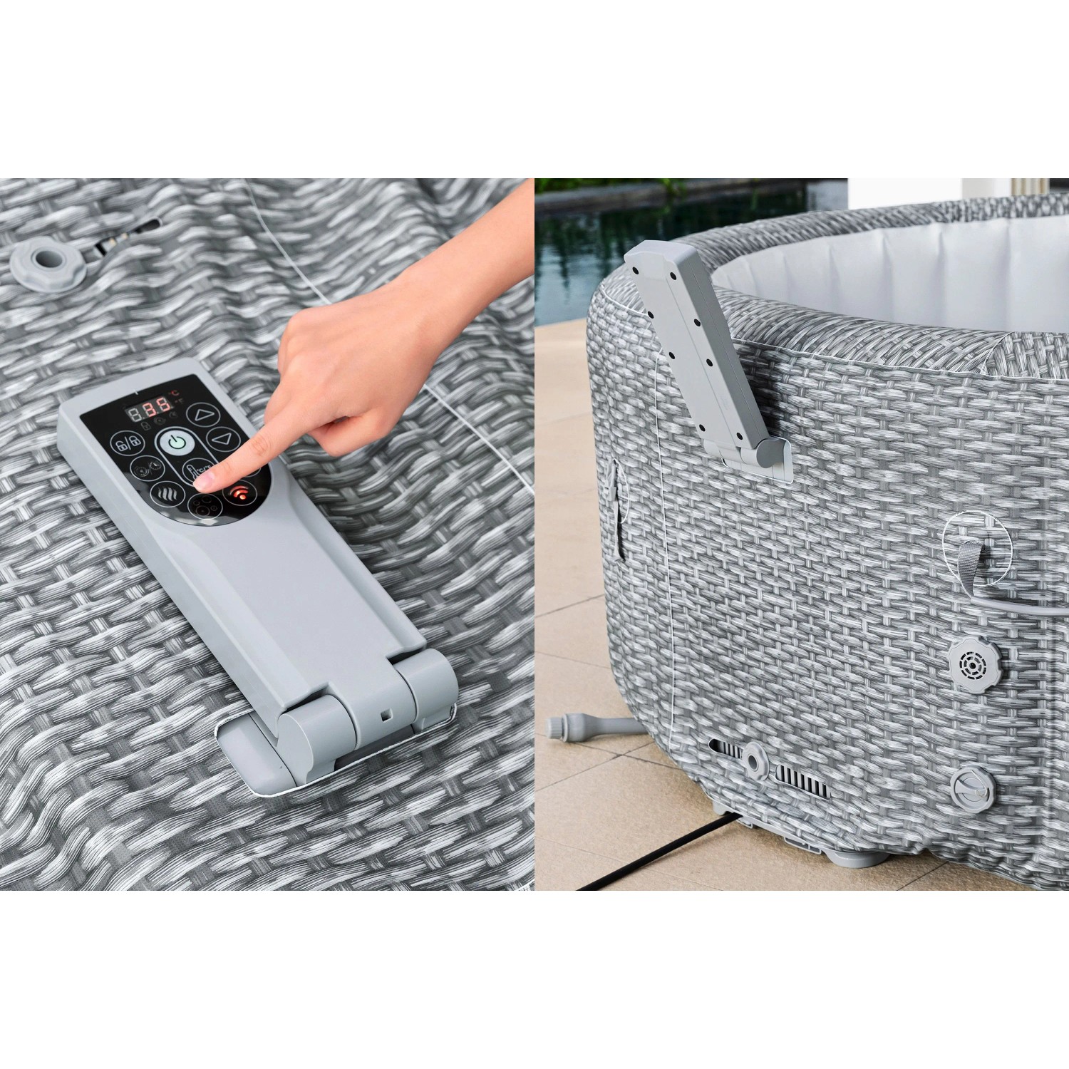 Hand bedient das Bedienfeld des Bestway Bali AirJet Whirlpools in Rattan-Optik. App-Steuerung, Pumpe sichtbar.