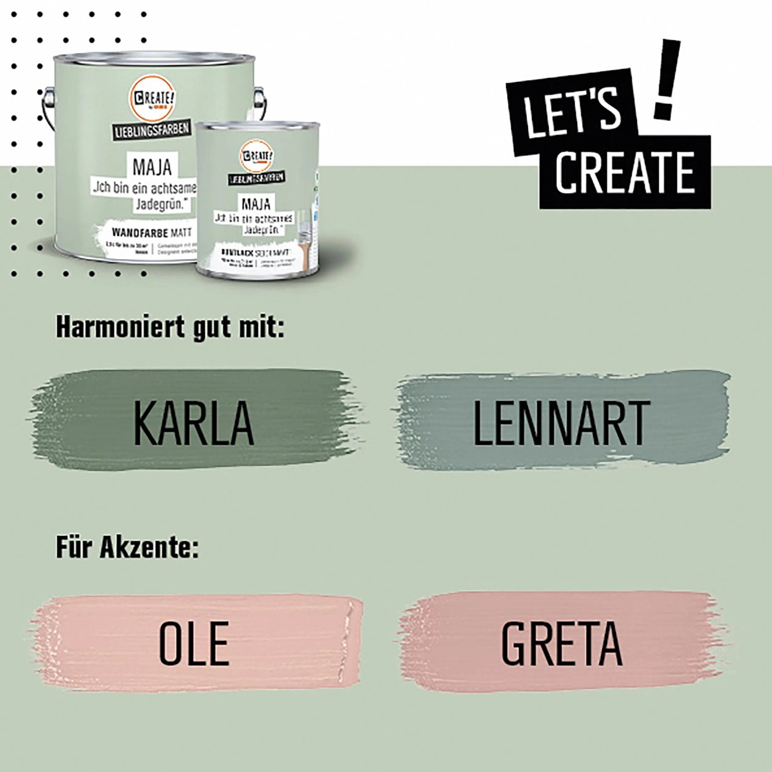 CREATE! by OBI Wandfarbe Maja Jadegrün, 2,5l und 1l Dosen, mit Farbvorschlägen.