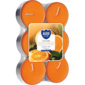 6 Maxi-Duftkerzen Orange, Ø 5,7 cm, im Teelichtformat. Fruchtiger Orangenduft für eine gemütliche Atmosphäre.