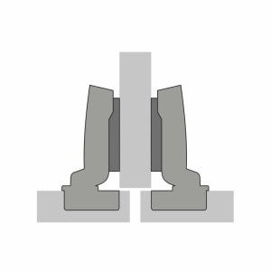 Querschnitt des SOTECH SENSYS 8645i Topfscharniers Mittelanschlag. Graues Möbelscharnier für Schranktüren mit Dämpfung.
