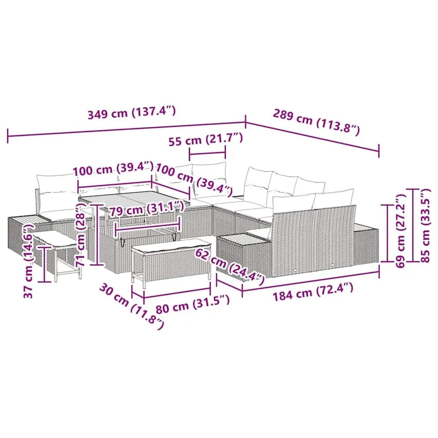 vidaXL Garten-Sofa-Set, 13-teilig, beige Poly Rattan, mit Maßangaben für Abmessungen.