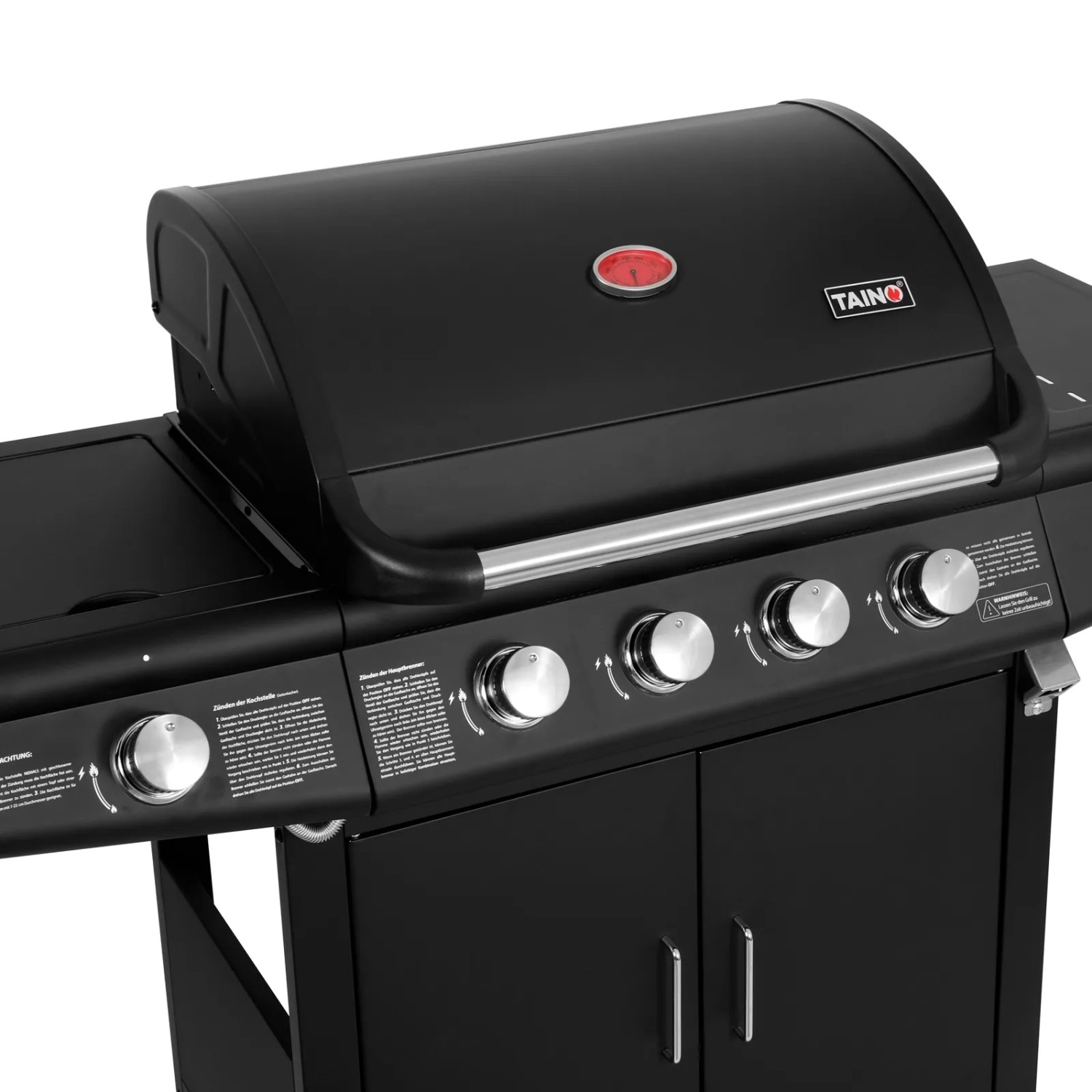 Schwarzer Taino Red 4+1 Gasgrill mit Edelstahl-Brennern und Grillwagen. BBQ-Grill mit Seitenbrenner.