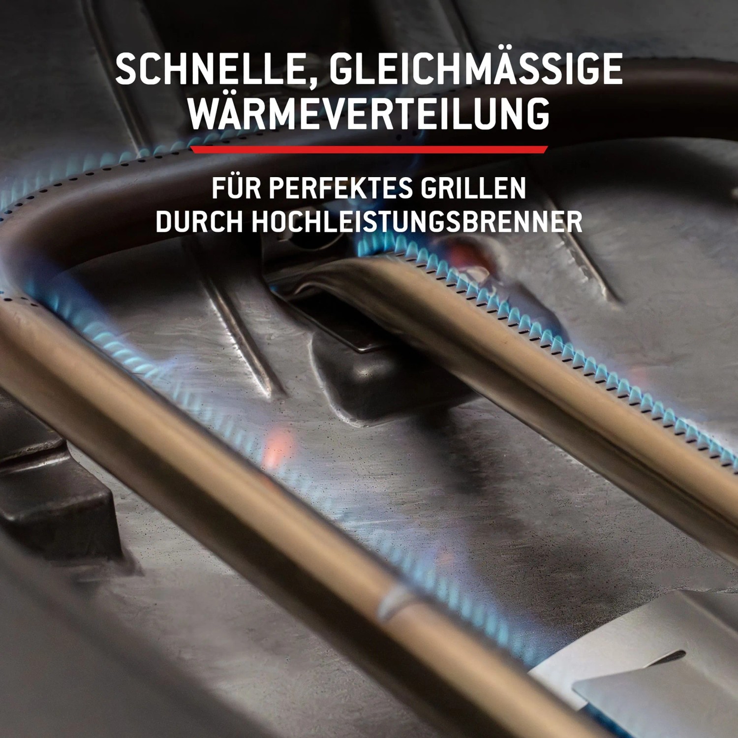 Detailaufnahme des Weber Gasgrill Q2200N Brenners mit blauer Flamme für gleichmäßige Hitzeverteilung.
