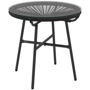 Schwarzer Outsunny Rattan Beistelltisch mit Glasplatte, 50x50x50cm. Gartentisch im Boho-Stil.