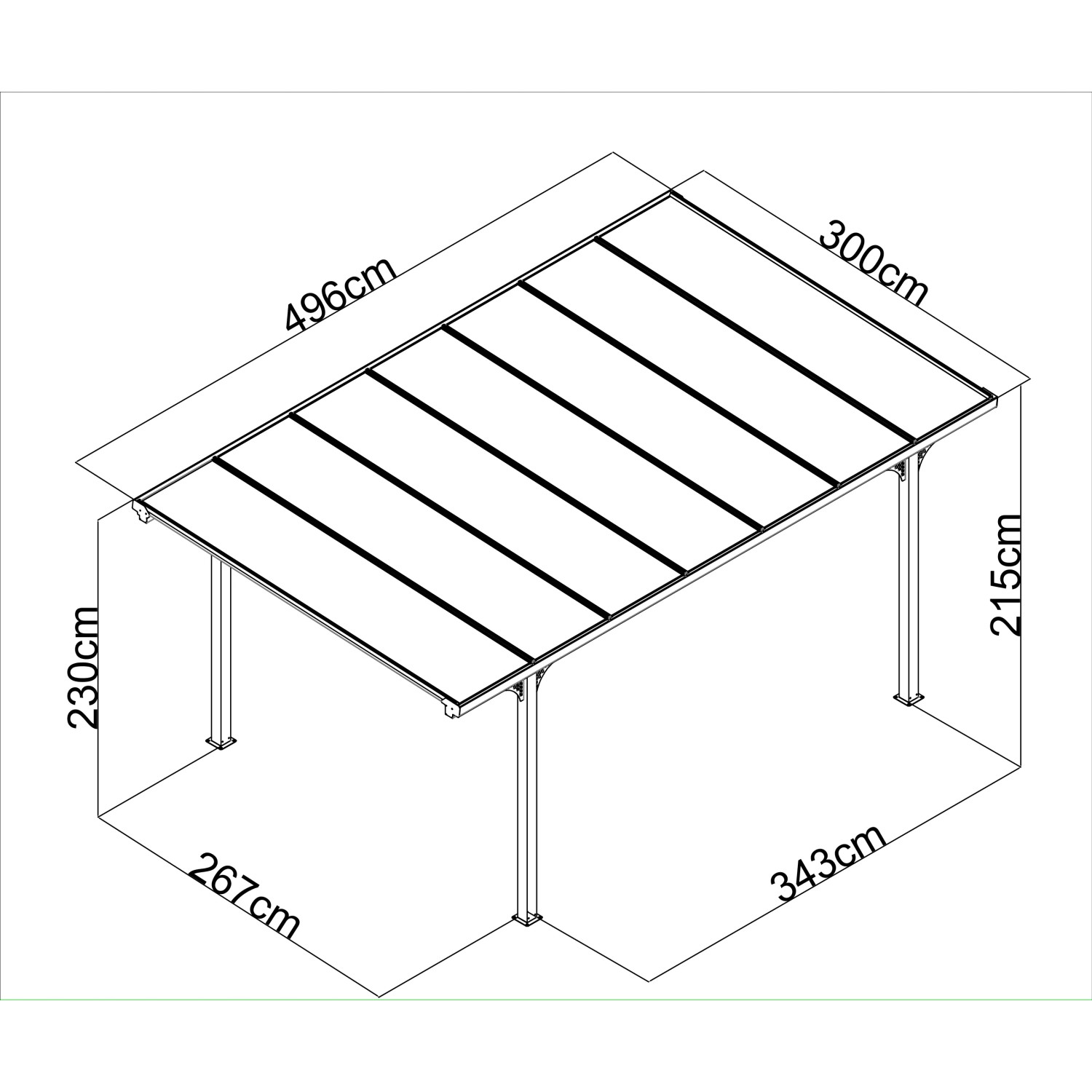 Skizze: Floraworld Flachdach-Einzelcarport, Aluminium Anthrazit, 300x496cm, mit Maßangaben.