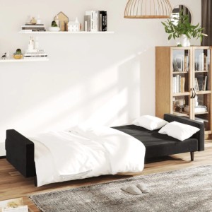 Schwarzes vidaXL Schlafsofa 2-Sitzer aus Samt, ausgeklappt mit weißer Bettwäsche und Kissen.