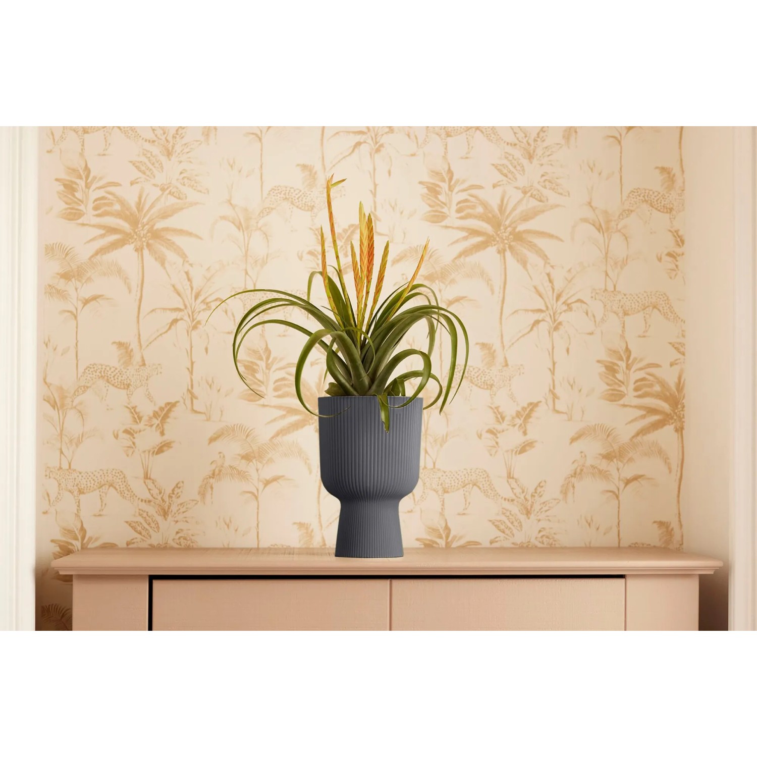 Anthrazitfarbener Elho Blumentopf Vibes Fold Coupe Ø 14 cm mit gerippter Struktur und Pflanze.
