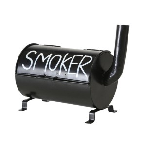 Schwarzer Boltze Sturmascher Smoker aus Eisen mit weißer Aufschrift, Dekofigur für Garten und Balkon.