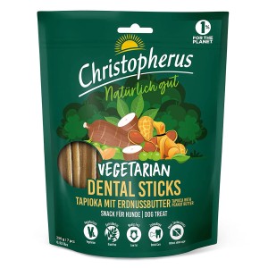 Christopherus Hunde-Zahnpflegesnacks Vegetarian Tapioka mit Erdnussbutter, 250g Packung.