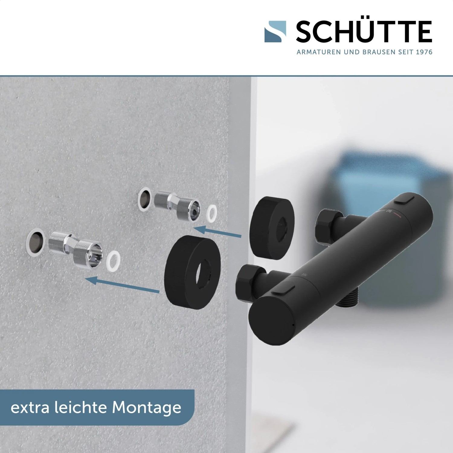 Schütte Thermostat Duscharmatur Los Angeles, Montage-Darstellung in Schwarz Matt.