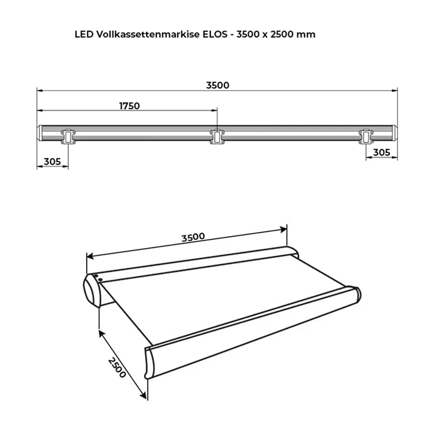 Skizze der Home Deluxe LED Vollkassettenmarkise Elos 350x250 cm mit Maßangaben.