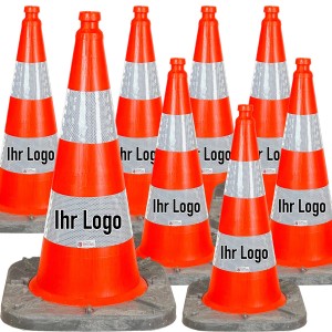 UvV Bigfoot Leitkegel Set, 8 orangefarbene Verkehrskegel 75cm mit Logodruck und reflektierenden Streifen.