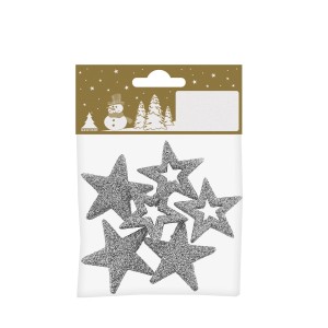 Silberne Glitzersterne aus Styropor, 3,5 cm, 6 Stück, Weihnachtsdeko: 3 geschlossen, 3 offen.